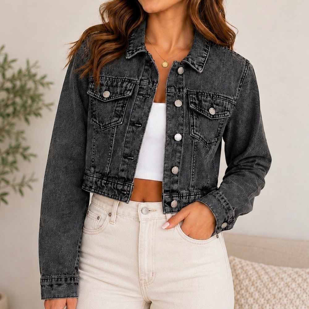 Ashley Vintage Charm Gray Cropped Denim Jacket L Acid Wash Trucker Festival